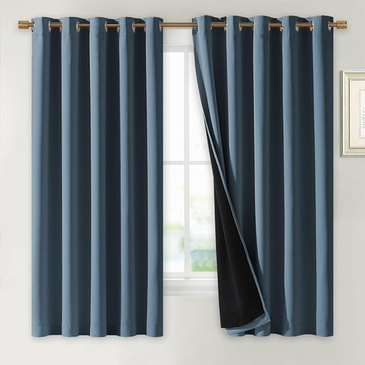 NICETOWN 100% Blackout Lined Curtains, Smoky Blue, 1 Pair, 2 Thick Layers
