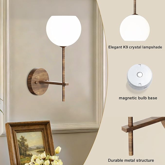 Walnut Grain Battery Operated Wall Sconces Set of 2, Rechargeable Wireless Wall