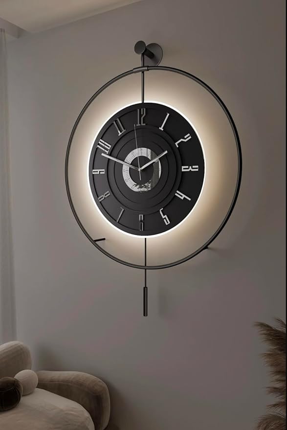 Large Luxury LED Backlit Wall Clock – Pendulum Roman Numeral Metal Ring