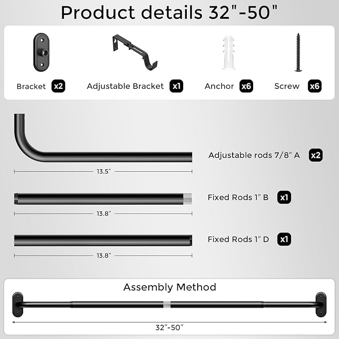 Curtain Rods 32-46 Inch, 1 Inch Adjustable Heavy Duty Room Darkening Window