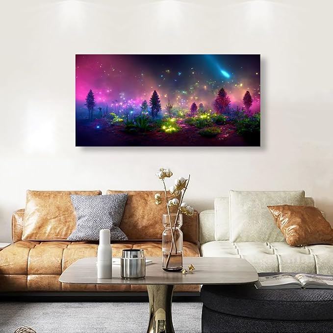 Fantastic Starry light Canvas Wall Art for Living room Office Bedroom Purple Dream Wall Art Print Paintings Modern Forest Fog Pictures Wall Decor Artwork Waterproof Ready to Hang - 70in * 35inch
