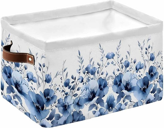 Blue Blooms Floral Storage Bins Cubes Waterproof Cloth Storage Basket,Farmhouse Spring Flowers Botanical Foldable Storage Bags for Shelf Clothes Storages Organizers with Handles 15x11x9.5 in 1PCS