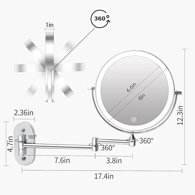 FUNTOUCH 5000mAh Rechargeable Wall Mounted Lighted Makeup Vanity Mirrors