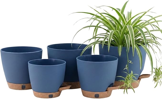 montresor 5-Pack Reservoir & Drainage Plastic Flower Pots (5/5.5/6/6.5/7 Inch) â Ocean Blue Indoor Planters with Wick System for Peace Lily, Fern, Spider Plant