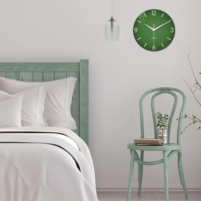 XFM Green Wall Clock 12 Inch Modern Wall Clocks Battery Operated Round Silent