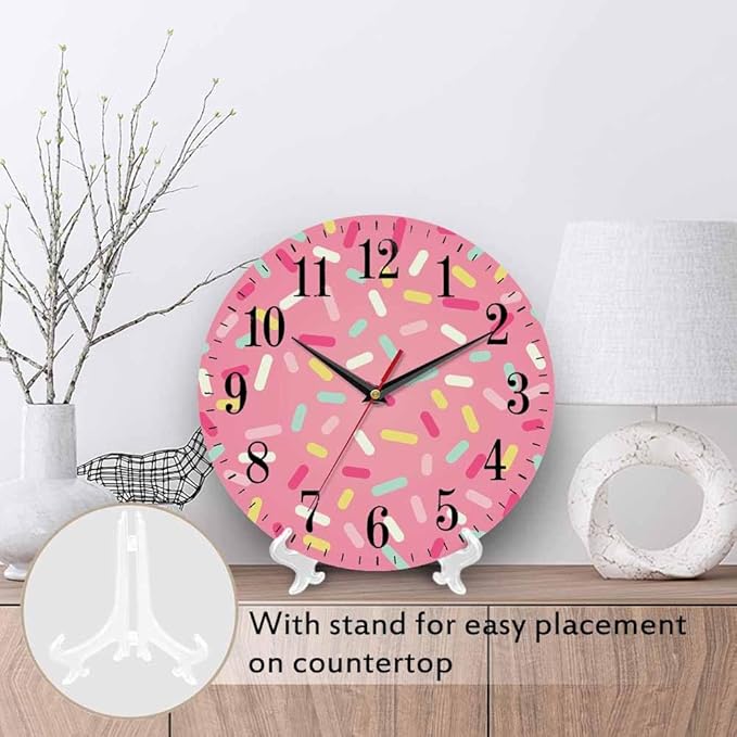 Mxocom Pink Donut Glaze Wall Clock Ice Cream Chocolate Colorful Sprinkles 10