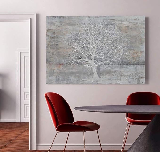 Yihui Arts Tree Of Life Canvas Wall Art Hand Painted Grey White Beige Paintings