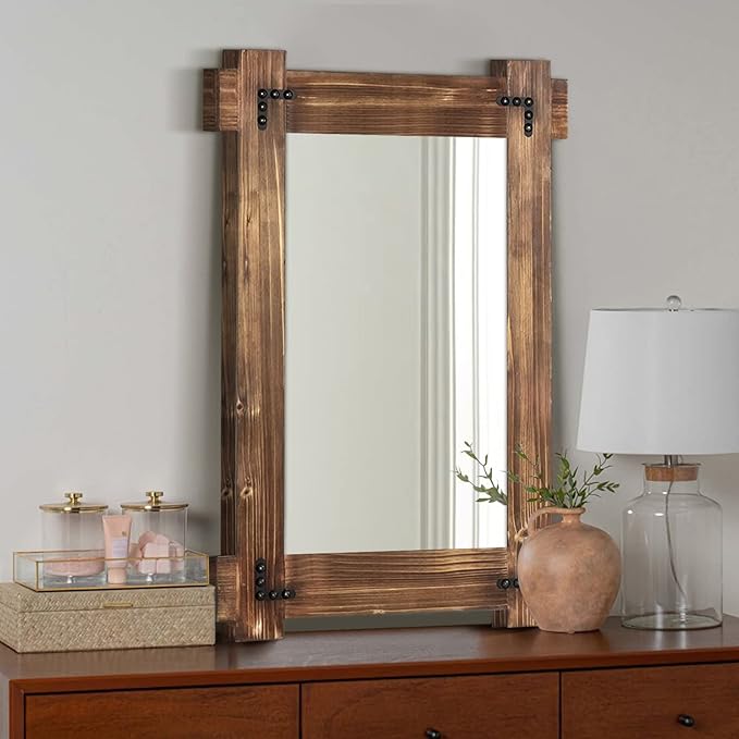 MeMoreCool 36x24 Farmhouse Rustic Wood Framed Bathroom Mirror, 24x36 Inch Wall