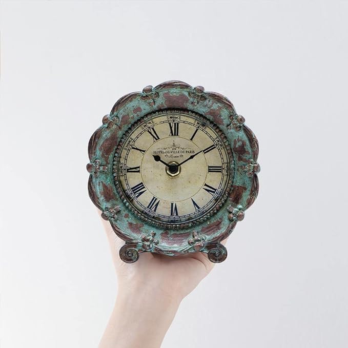 NIKKY HOME Table Top Clock, Vintage French Decorative Pewter Analog Desk Clock Battery Operated for Living Room Decor Shelf, Green