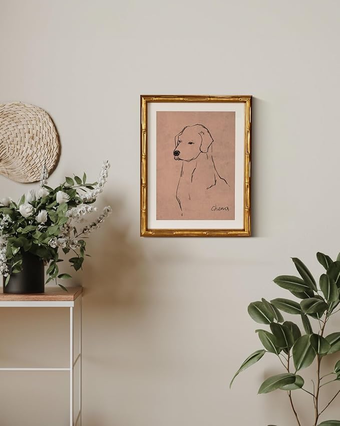 InSimSea Gold Bamboo Framed Canvas Wall Art, Minimalist Dog Sketch Animal
