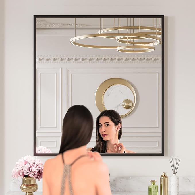 LOAAO 30"X36" Black Rectangle Bathroom Mirror Wall, Matte Black Aluminum Alloy