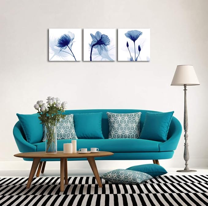 Wieco Art Blue Abstract Flowers 3 Panels Giclee Canvas Prints Wall Art Modern