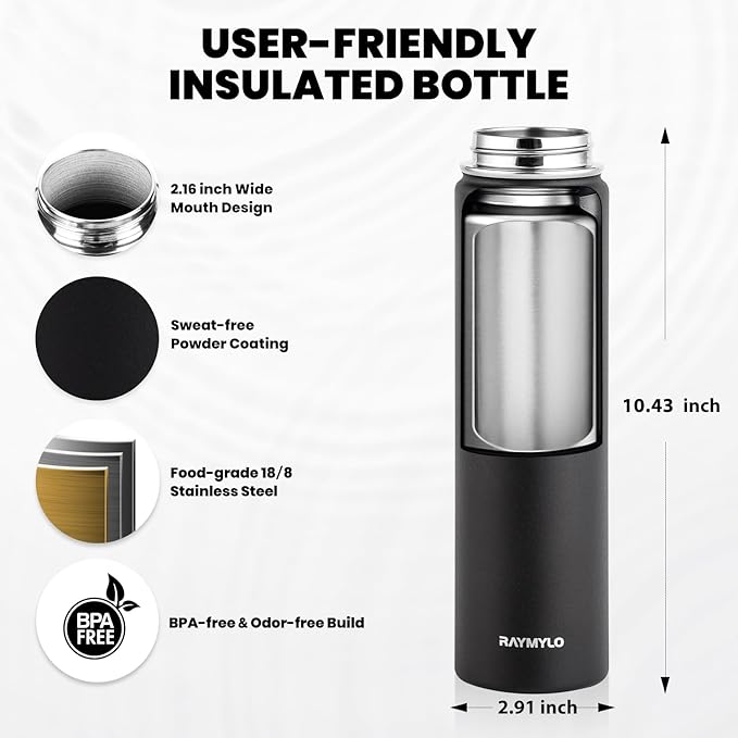Insulated Water Bottle 24oz, Triple Wall Vacuum Stainless Steel (Cold for 48 Hrs, Hot for 24Hrs), Leak Proof & Non-BPA, 24oz Hydro Water Flask with Paracord Handle & Straw Spout Lids