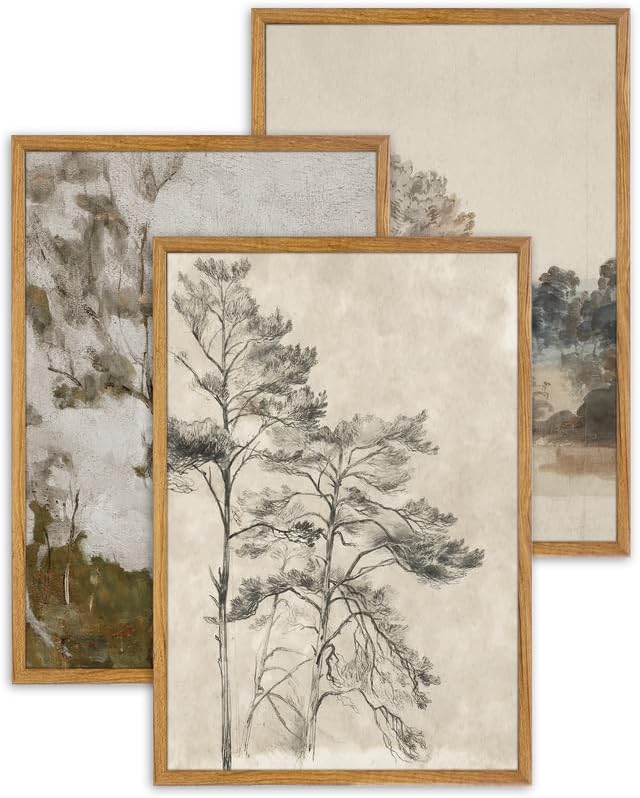 UPWOIGH Large Framed Wall Art, Set of 3 Vintage Muted Landscape Prints, 16x24 in Natural Cotton Posters with Trees, North Botanical Decor, Farmhouse Aesthetic for Living Room, Bedroom