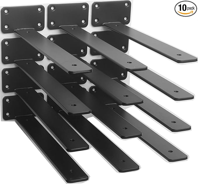 10 Pack - 10 inch Black Hidden L Shelf Bracket Iron Floating Shelf Brackets