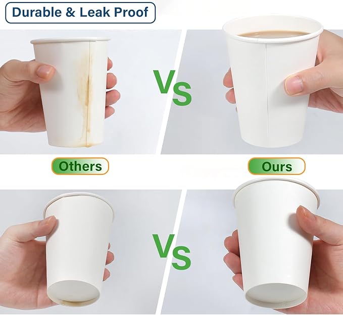 White Paper Coffee Cups – 12 Oz. [200 - Pack] Disposable Hot & Cold Beverage Cups | Durable Paper Cups for Hot and Cold Coffee, Water, Juice, Tea & More – Ideal for Office, Parties, Home & Travel Use