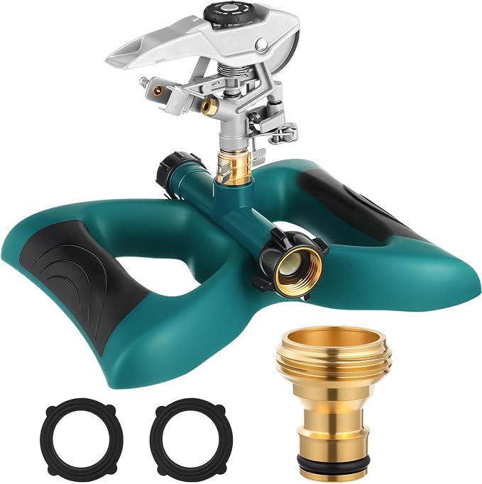 1 Packs Lawn Impact Sprinkler Heavy Duty Rotating Adjustable Pulsating Water Sprinkler Head with Metal Base, Adjustable Spraying Area and Distance for Large Area Garden Lawn Yard Irrigation