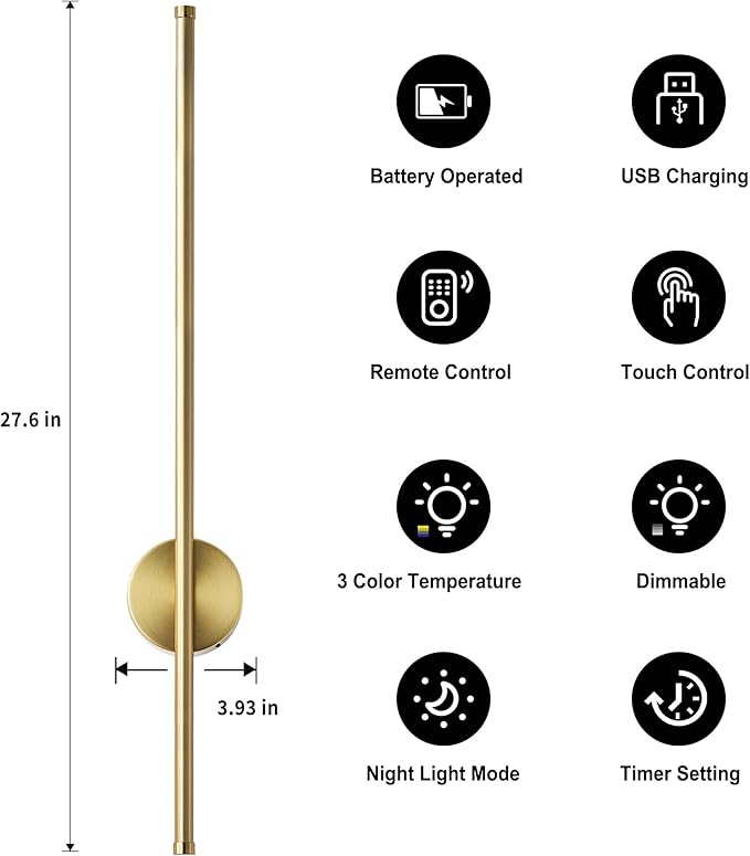 Battery Operated Modern Wall Sconces, Dimmable Wireless Wall Light Set of Two