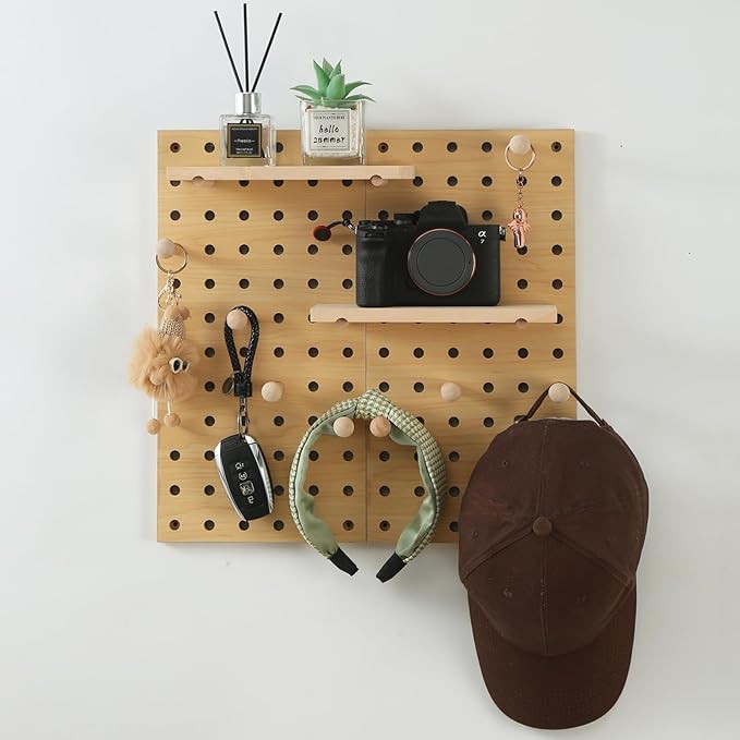 2 Pack Beige Wooden Pegboard, Modular Wall Organizer Storage Shelf