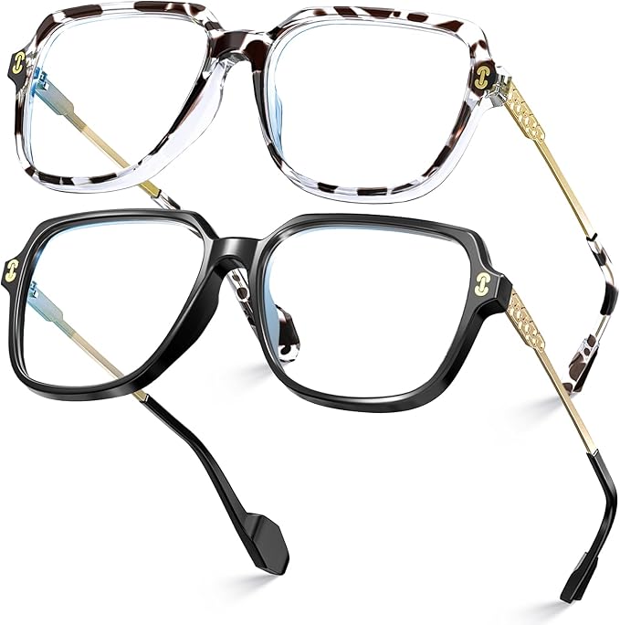 VISOONE 2 Pack Oversized Blue Light Blocking Glasses with Chic Square TR90 Frame and Metal Temple for Women Men REMY