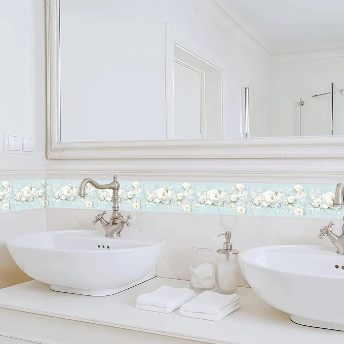 3D Floral Blue Wallpaper Border White Peony Peel and Stick Wall Border Self