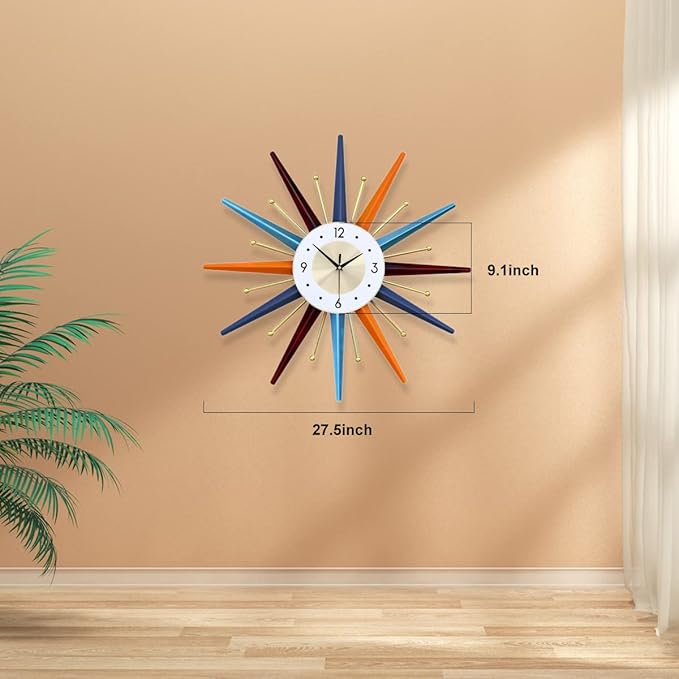 FIELDY Large Wall Clock 27.5 Inch Mid Century Wall Clocks Starburst Clock Non