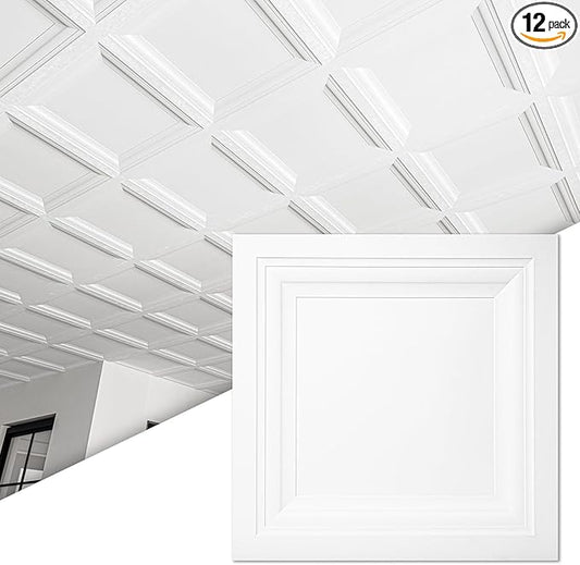Art3d 12-Pack Square Drop Ceiling Tile 2ft x 2ft in White, PVC Ceiling Panel 24