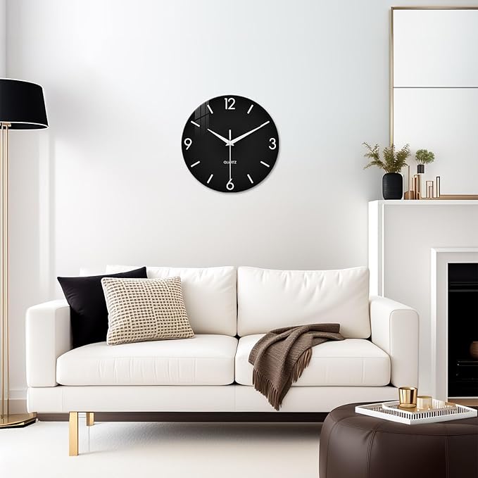 XFM Black Wall Clock 12 Inch Silent Non-Ticking Wall Clocks Battery Operated