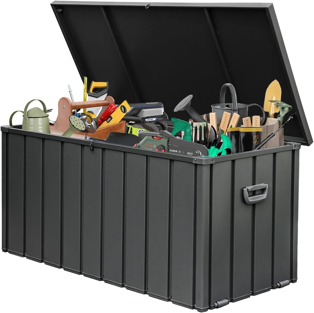 Domi 150-Gallon Outdoor Storage Box â Waterproof, Lockable Storage Cabinet for Patio Furniture, Garden Tools & Pool Supplies â Large Metal Storage for Cushions, Toys & More