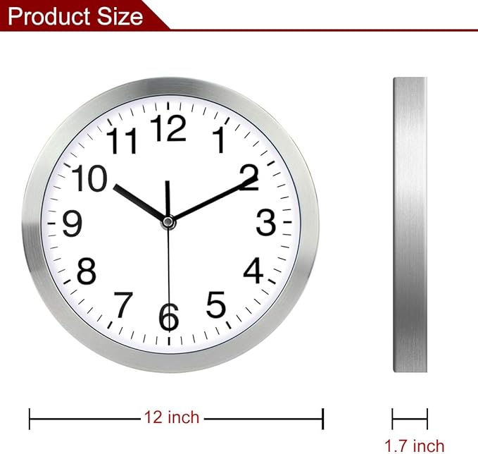 SIN&MI Wall Clock Metal Frame Glass Cover Non-Ticking Number Quartz Wall Clock
