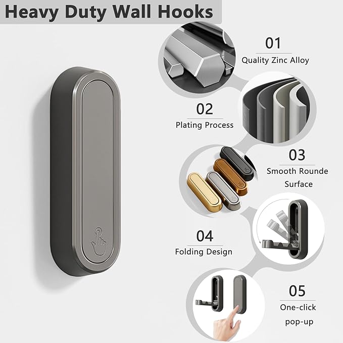 6PCS Foldable Wall Hooks, Zinc Alloy Flip Down Hooks, Retractable Wall Hooks