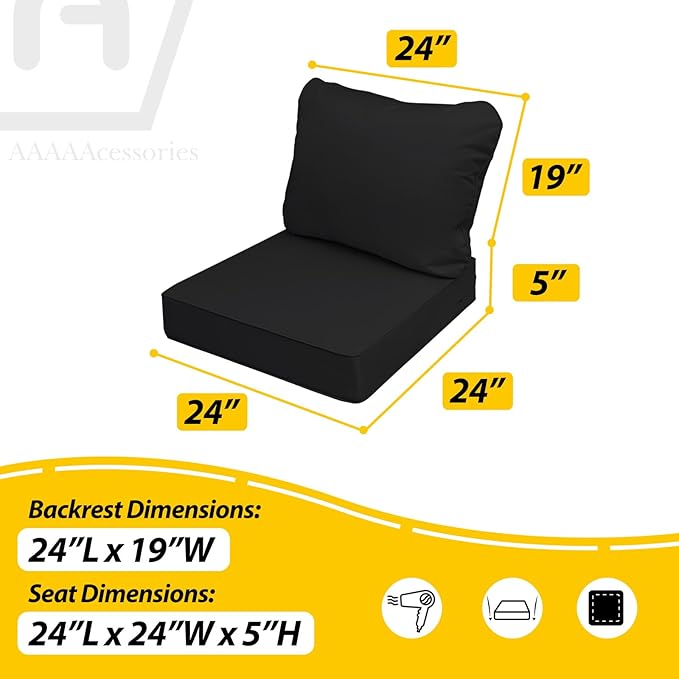 AAAAAcessories Outdoor Seat Cushions for Chairs, Fade-Resistant, Waterproof Patio Furniture Replacement Cushions, 24" x 24" x 5" + 24" x 19", Charcoal Black