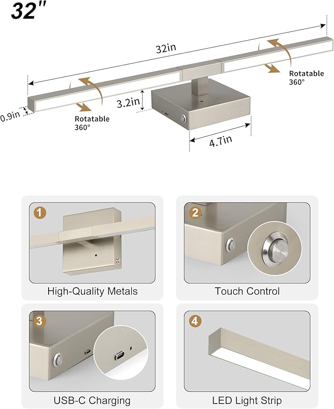 Rayogale 32 Inch Rechargeable Battery Operated Wall Sconce Set of Two, Cordless