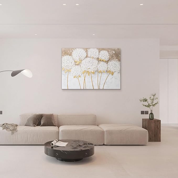 JolyWell White Hydrangea Flower Wall Art, hand-painted Large Canvas Wall Art