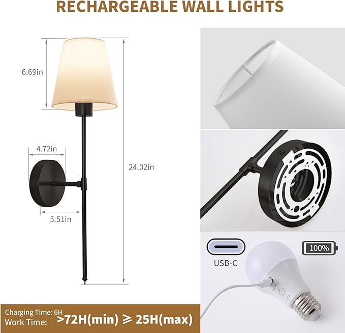 Wall sconces Set of Two Battery Operated – Rechargeable Wireless Wall Lights