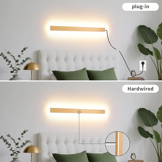 KELUOLY Modern Plug in Wall Sconces, 23.6 inch Frosted Gold LED Long Wall Lights