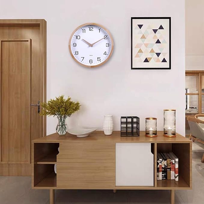 Kesin 12 Inches Wooden Round Silent Wall Clock White Wood Wall Clocks Analog