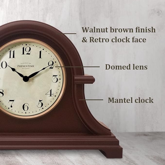 Presentime & Co. Mantel Clock Vintage Farmhouse Series, Napoleon Desk & Shelf Clock, 13 x 10 inch, Domed Lens, Quartz Movement, ABS Plastic Case, Walnut Brown Finish (Home/Tabletop Decoration)