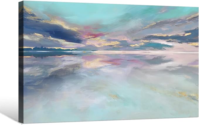 Goldfoilart Beach Abstract Wall Art Teal Green and Gold Decor Ocean Canvas