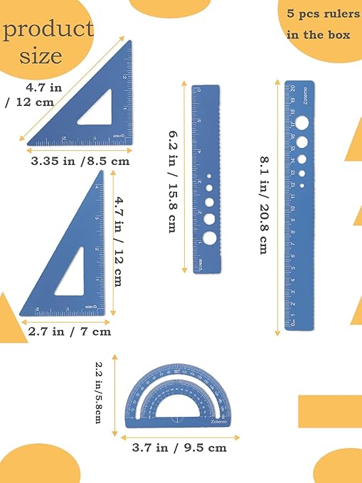 Zotemo Metal Geometry Set, 5-Piece Aluminum Ruler, Math Drafting Ruler Kit Includes Protractor, Triangle Rulers, Straight Rulers-Math Measurement Tools for School and Office Supplies (Blue)