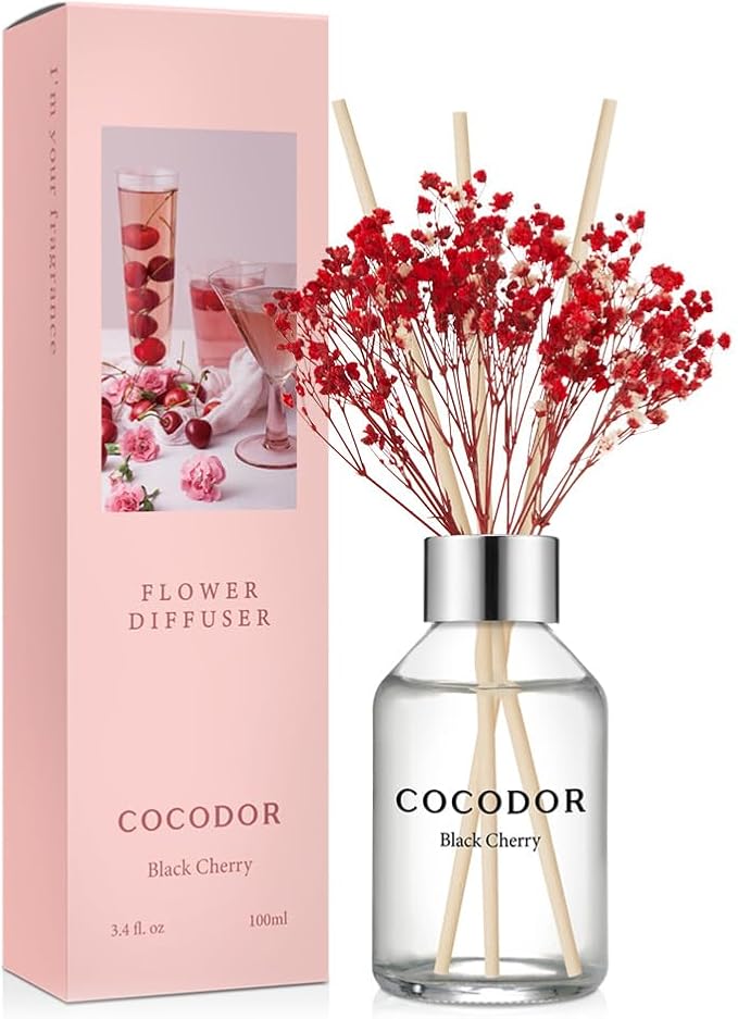 COCODOR Flower Reed Diffuser Set / 3.4oz / Black Cherry/Scent Diffuser with Sticks Home Fragrance Reed Diffuser for Bathroom Shelf Decor