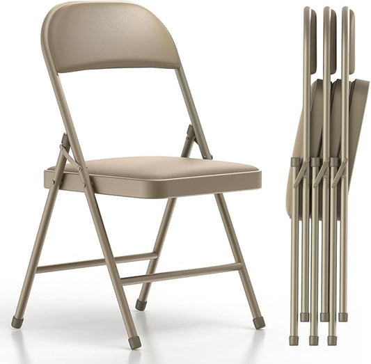 Nazhura 4 Pack Folding Chairs with Padded Vinyl Cushion Chairs with Comfortable Cushion and Durable Steel Frame for Home and Office, for Indoor and Outdoor Events (Kahki, Vinyl)