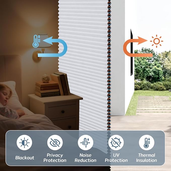 SEEYE No Drill Cordless Cellular Shades, Thermal Insulated Noise Reduction
