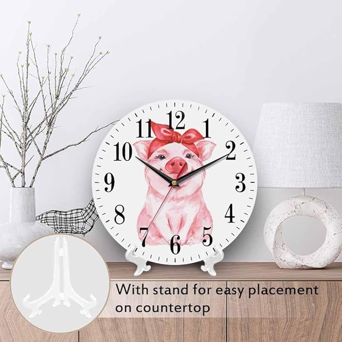 Mxocom Pink Pig Wall Clock Funny Cartoon Pig Wearing Red Bandana 10 Inch Silent