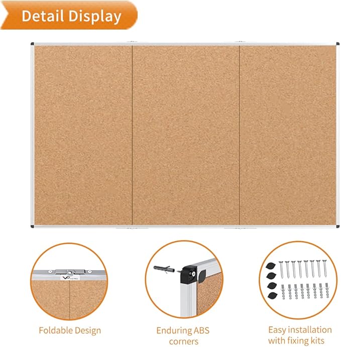VIZ-PRO 96" x 48" Large Cork Bulletin Board, Foldable & Wall-Mounted Notice Pin