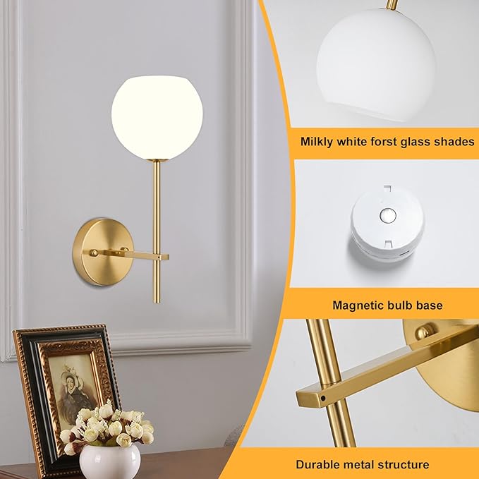 Gold Battery Operated Wall Sconces Set of 2, Rechargeable Wireless Wall Lights