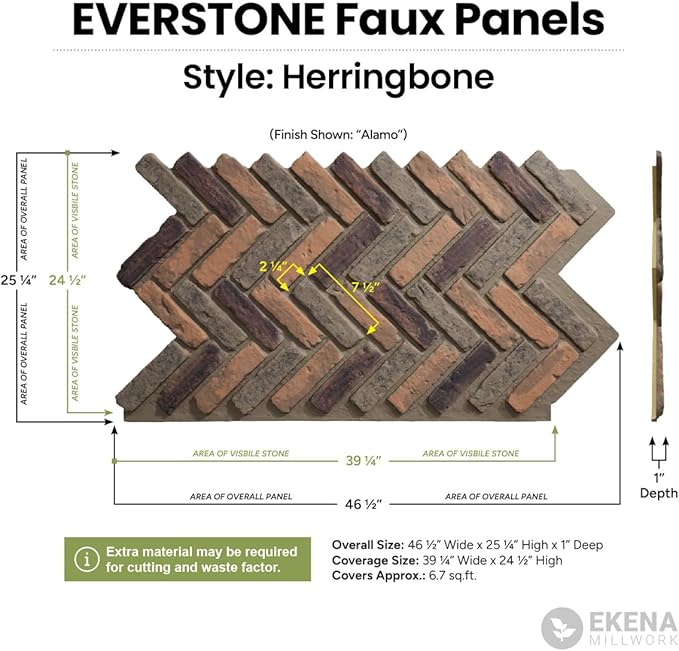 EverStone Herringbone Faux Brick Panel, 46 1/2"W x 25 1/4"H x 1"D, Farmhouse