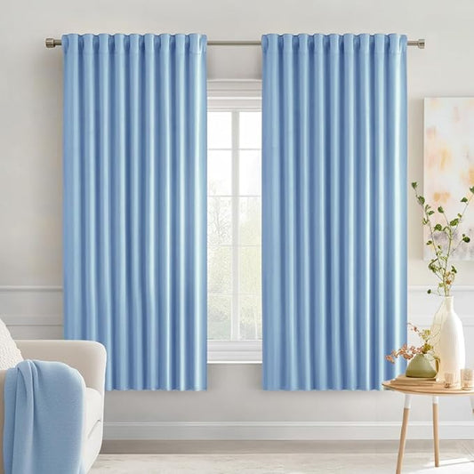 MIULEE Sky Blue Back Tab Blackout Curtains 63 Inch Length 2 Panels Set