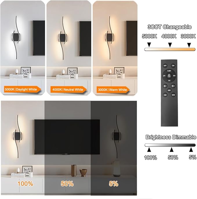 Daunton Modern Battery Operated Wall Sconce Set of 2, 3CCT Adjustable, Timer&