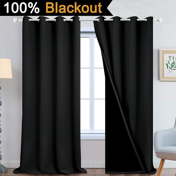 Yakamok 100% Blackout Lined Panels, Room Darkening Thermal Insulated Blackout